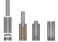 Figura 1. Esquema do processo de produção dos briquetes. (a) molde cilíndrico; (b) início do processo de densificação; (c) aplicação da pressão de compactação; (d) final do processo.