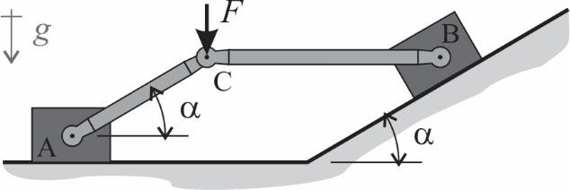 27 QUESTÃO 14: (Mecânica Geral) Os blocos A e B, cada qual com massa M = 10 kg, estão conectados por meio de barras leves e rígidas, com pinos sem atrito.