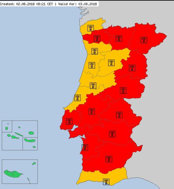 Avisos Meteorológicos Aviso Tempo Quente VERMELHO: Aviso Trovoada Amarelo: Dia 2 de agosto Castelo Branco Santarém Portalegre Évora Beja Setúbal Lisboa Braga Dia 3 de agosto O aviso VERMELHO