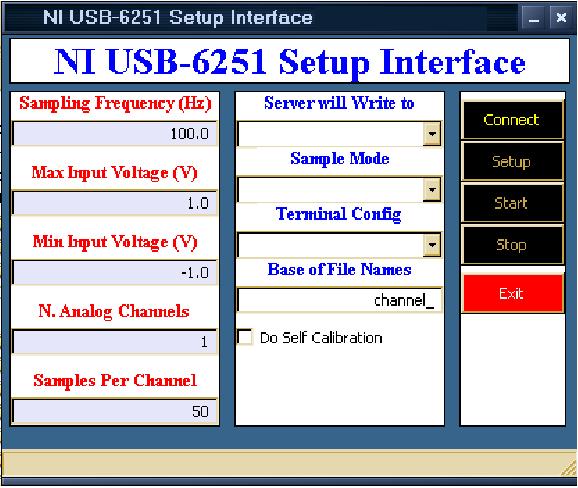 4.2. EXPERIMENTAL SETUP IMPLEMENTED 48 Figure 4.13: GUI of the software used to setup the acquisition conditions of the NI DAQ USB 6251 device piped server.