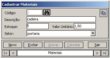 Código: é gerado pelo próprio sistema. Permite selecionar o material já cadastrado ou será apresentado para um novo material. Cada material possui um código específico.