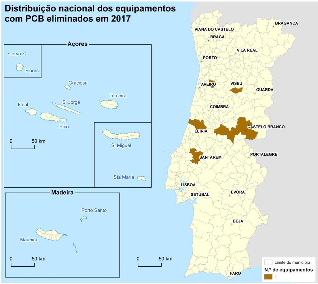 Na figura seguinte apresenta-se a distribuição nacional, discriminada por município, do número de equipamentos eliminados em Portugal, no