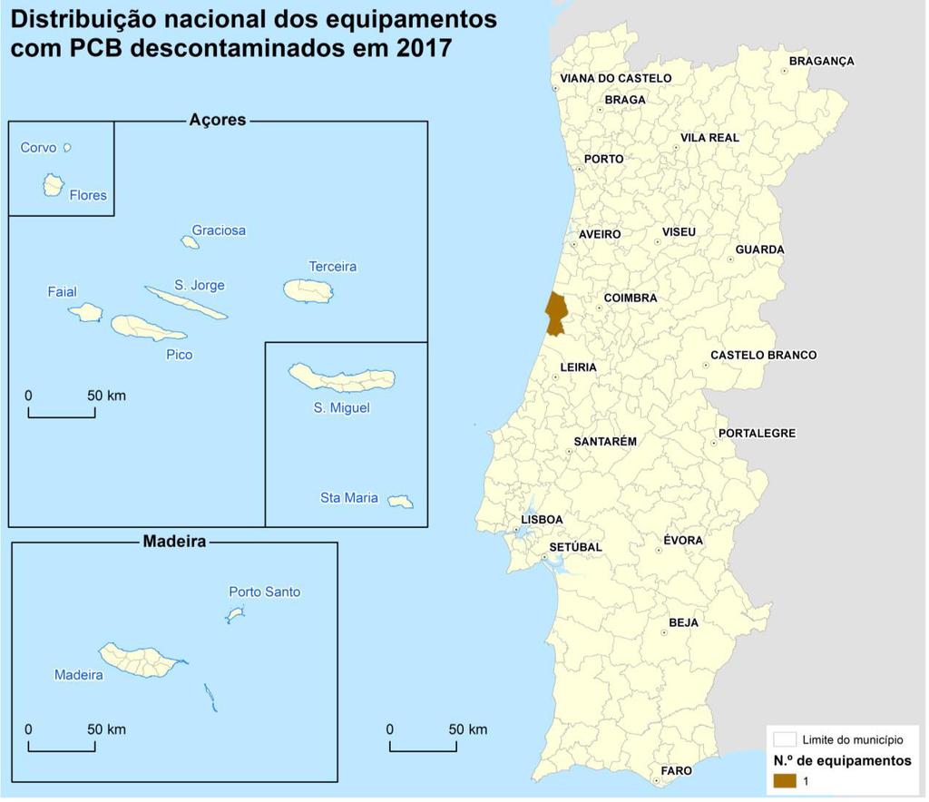 Do mesmo modo se apresenta, na figura seguinte, a distribuição nacional, discriminada por município, do número de equipamentos descontaminados em Portugal, no ano de 2017.