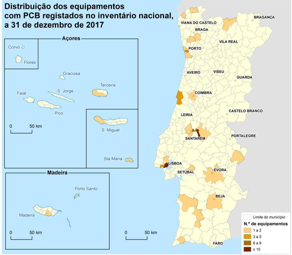 Na figura seguinte apresenta-se a distribuição, por município, dos equipamentos em uso contendo PCB, registados a 31 de dezembro de 2017 no Inventário Nacional de