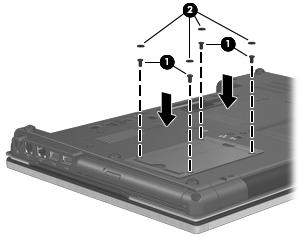 3. Recoloque os parafusos da unidade de disco rígido (1) e recoloque as tampas de proteção dos parafusos (2). 4. Recoloque a bateria. 5.