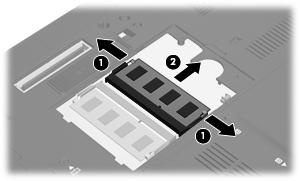 NOTA: Se o slot do módulo de memória de expansão não está ocupado, pule a etapa 9 e siga para a etapa 10. a. Afaste os clipes de retenção (1) de cada lado do módulo.