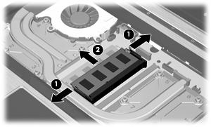 10. Levante cuidadosamente a borda superior do teclado (2) e incline-o até que repouse no apoio de mão do computador. 11. Remova o módulo de memória: a.