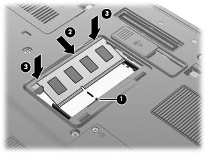 c. Pressione cuidadosamente o módulo de memória (3), aplicando força nas bordas direita e esquerda até que os clipes de retenção se encaixem no lugar. 11.