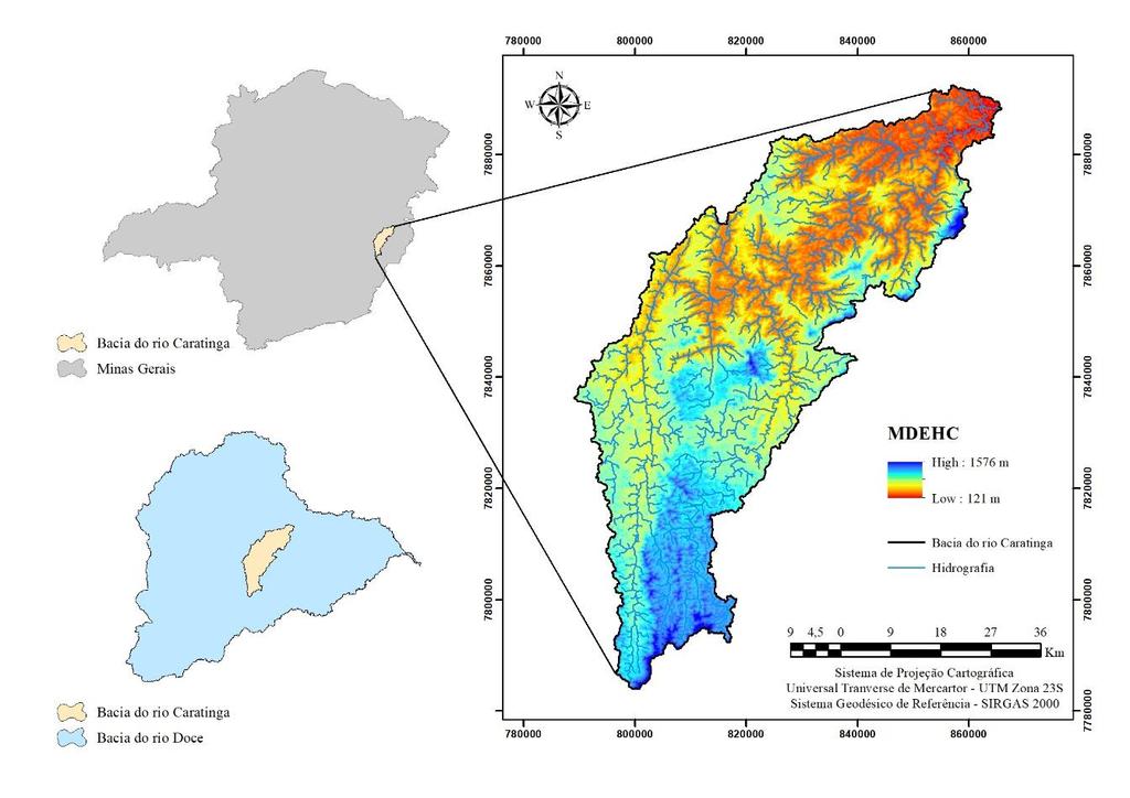 MATERIAIS E MÉTODOS ÁREA DE ESTUDO A bacia hidrográfica do rio Caratinga localiza-se no estado de Minas Gerais e pertence a bacia hidrográfica do rio Doce, apresentando área de drenagem de 3228 km².