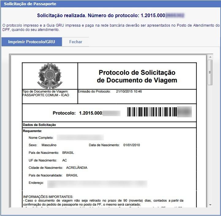 7 Geração de Protocolo e GRU Depois de clicar no botão "Enviar", aparece uma tela informando o número do protocolo da solicitação, além de algumas informações importantes para o requerente, e também