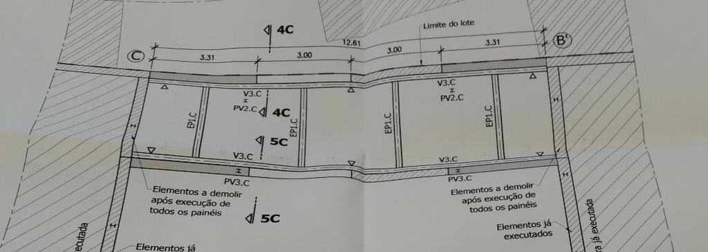 Corte 4C-4C (Figura 8) 1ª Fase Figura 7 Planta da solução de contenção periférica 2ª fase Parede a demolir Logradouro edifício nº25