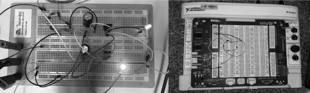 simétricas foi utilizado multímetro digital, ambas as saídas foram conectadas a LEDs e por fim o experimento foi registrado em fotografia.