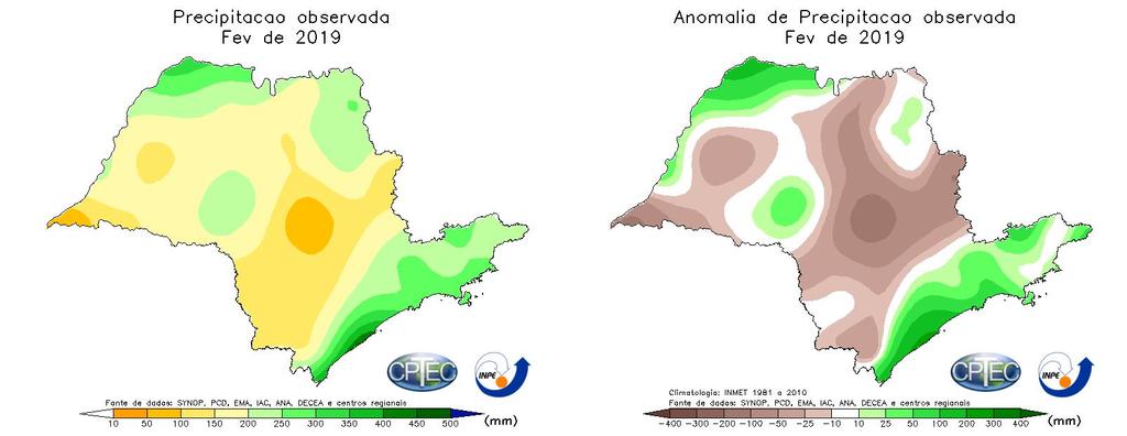 Figura 2: Precipitação acumulada (esquerda) e anomalia de precipitação (direita) durante o mês de fevereiro de 2019.