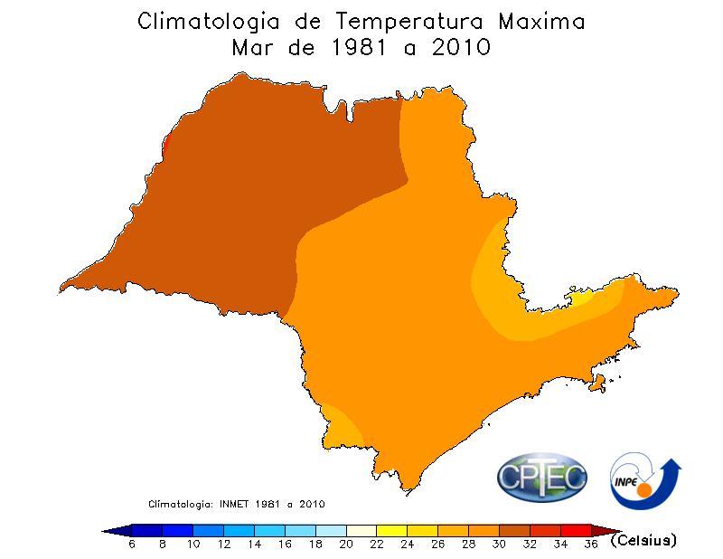 Apesar de ainda ser um mês de temperaturas elevadas durante a maior parte do período, em março se observa uma redução das médias de temperaturas mínimas e máximas em relação aos meses de janeiro e