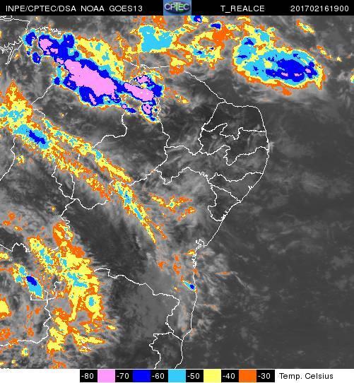 Figura 1 Imagem do satélite meteorológico GOES 13 no dia 16 de fevereiro de 2017 às 19:00 UTC (16:00 Hora Local), mostra muitas nuvens carregadas sobre o norte do Maranhão ligadas à ZCIT.