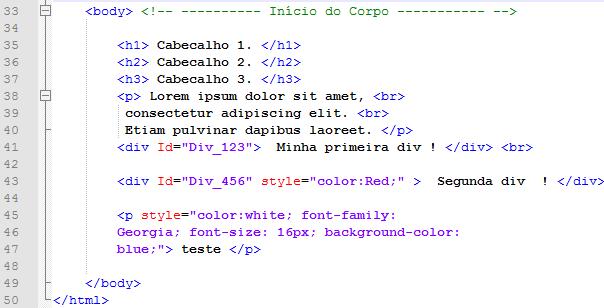 CSS Inline Estes elementos (h1, h2, p e div) estão sendo