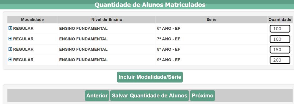 7º) Após o preenchimento da coluna com a quantidade de alunos matriculados, é necessário clicar no botão Salvar Quantidade de Alunos, antes de