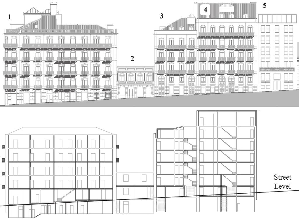 Figura 2 Alçado (Rua Rosa Araújo) e corte transversal dos edifícios existentes (1 a 5) O sistema estrutural dos edifícios é típico do início do séc.
