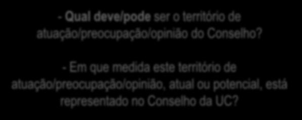 - Qual deve/pode ser o território de atuação/preocupação/opinião do Conselho?