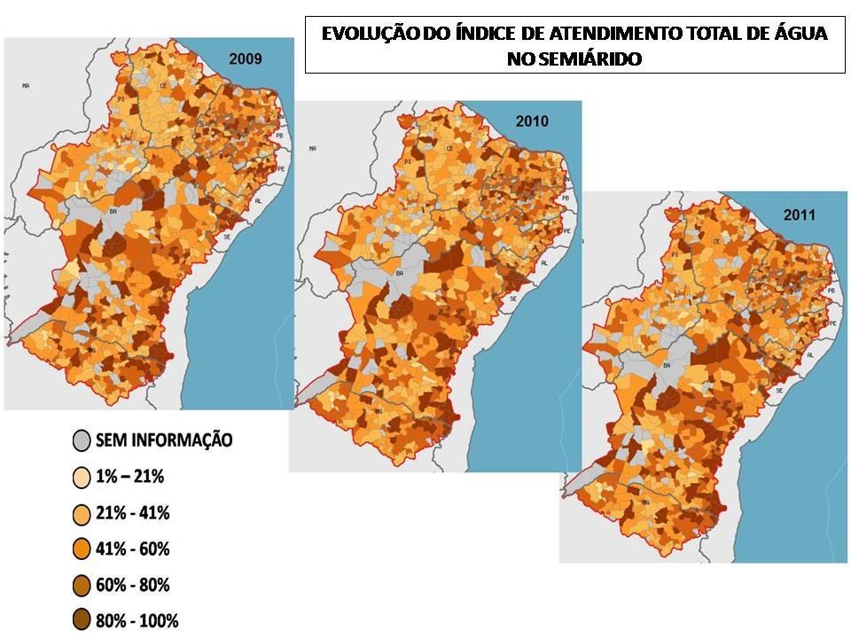 3. RESULTADOS E DISCUSSÕES A seguir, são apresentados os mapas obtidos da variação dos índices de atendimento total de água no semiárido referentes aos anos da pesquisa, 2009, 2010 e 2011 sem os