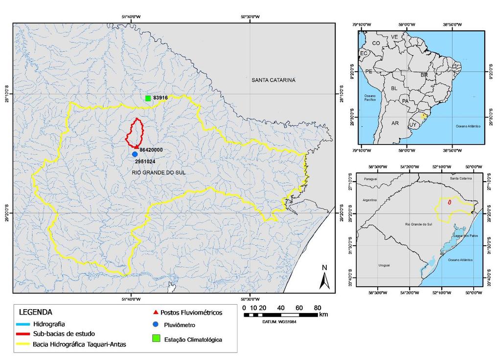 2. Área de Estudo A área de estudo compreende uma sub-bacia do Rio da Prata, que faz parte da bacia hidrográfica Taquari-Antas, localizada na porção nordeste do estado do Rio Grande do Sul, conforme