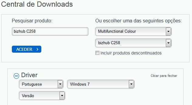 Downloads : 7 Em Central do Downloads, inserir bizhub C258 em Pesquisar