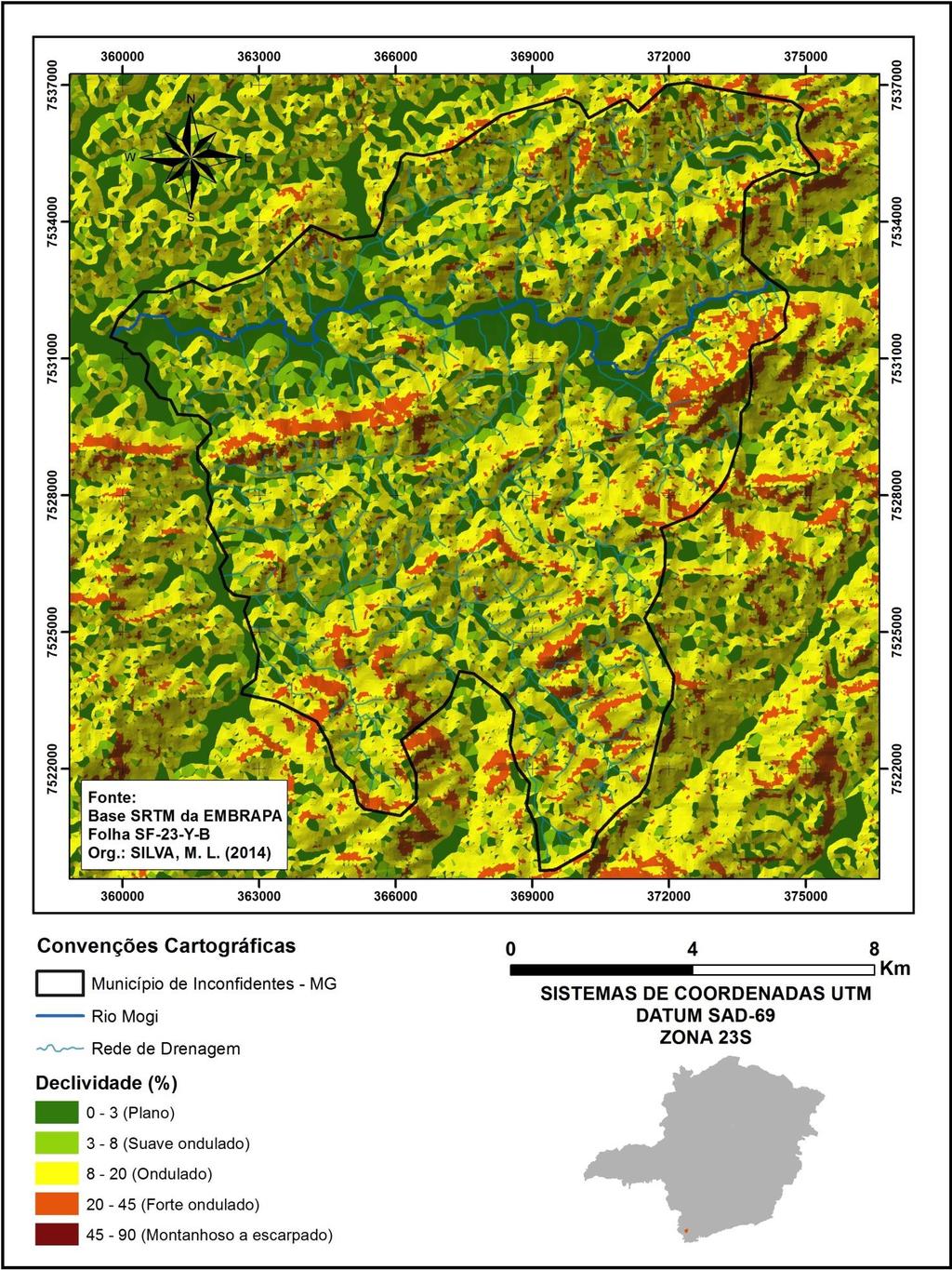 Figura 8. Mapa clinográfico do município de Inconfidentes-MG, com as principais classes de declividades.