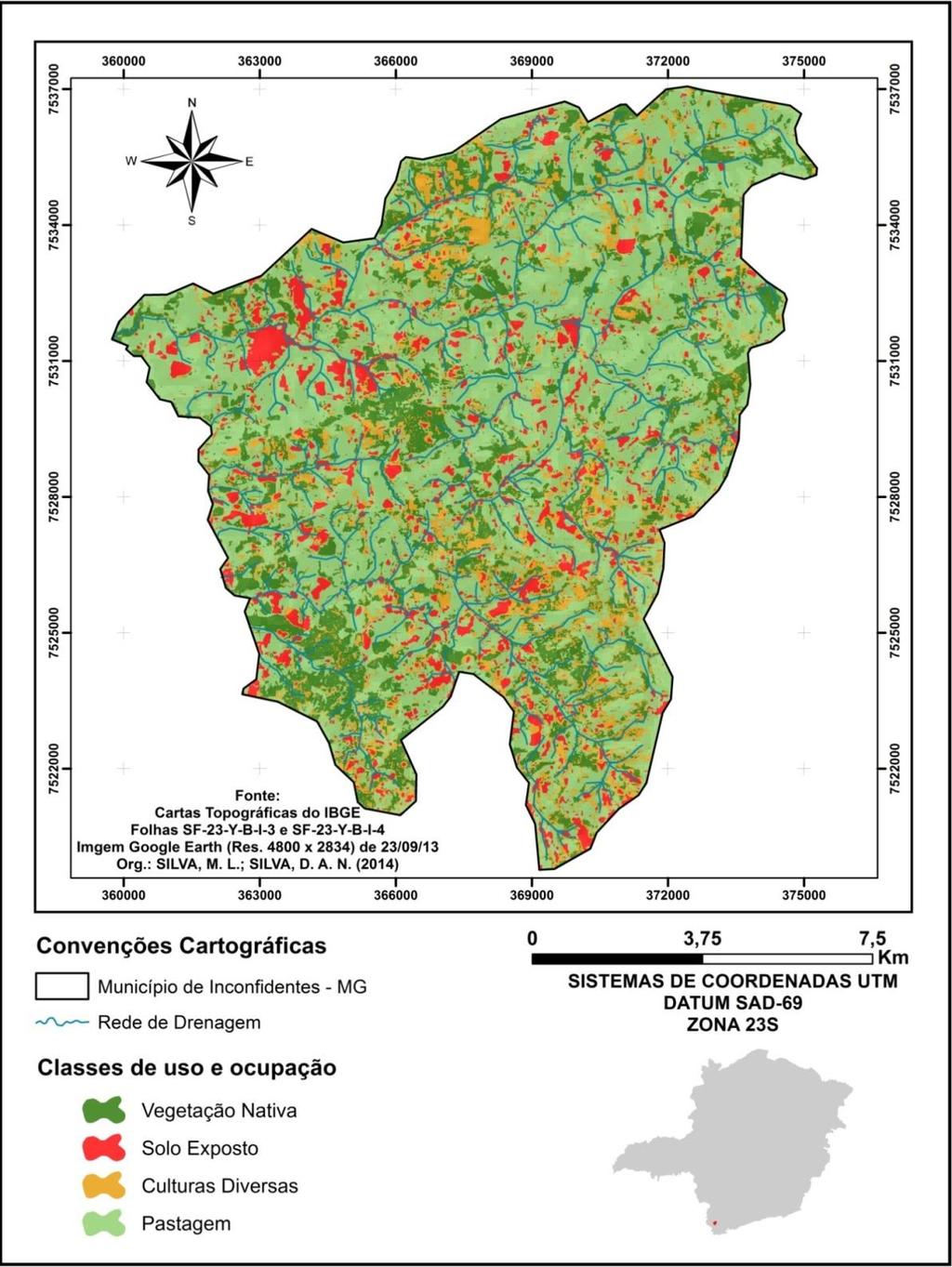 Uso e ocupação do solo O mapa de uso e ocupação do solo de Inconfidentes-MG (Figura3) serviu de base para entender a utilização da cobertura pedológica do município.