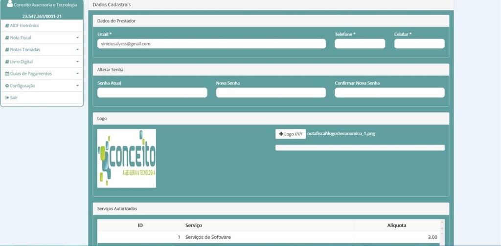 Dados Cadastrais Configurações Esta tela tem por