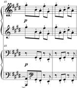 A utilização de notas em staccato e dinâmica p cria também um destaque para o trecho, pois o diferencia do que vinha ocorrendo desde o início da peça,