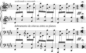 distintas entre os pianistas I e II, pois nem sempre coincidem ritmicamente entre si e/ou com a barra de compasso utilizada.