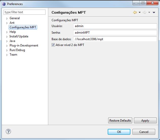 53 das configurações do Eclipse. Nessa tela existe um item no menu, com a descrição Configurações MPT. Ao clicar nesta opção é aberta a tela de configurações da ferramenta.