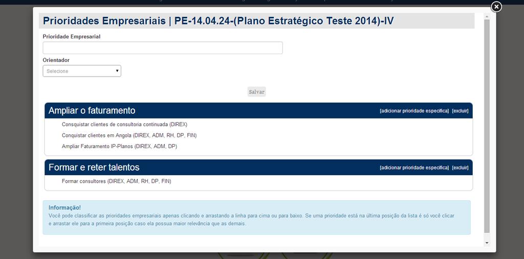 PLANO ESTRATÉGICO Cadastro das prioridades