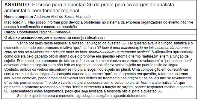 RECURSO: 04 QUESTÃO Nº 36 NOME: ANDERSON ABEL DE SOUZA MACHADO INSCRIÇÃO: Nº