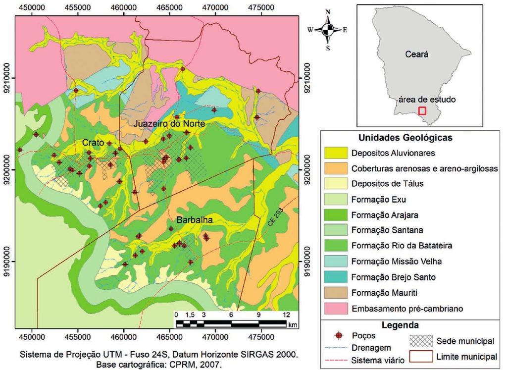 Figura 1 Localização da área de estudo, unidades geológicas aflorantes e poços visitados in situ (modificado de CPRM, 2007).