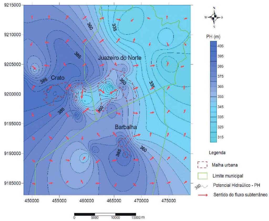associados aos índices de vulnerabilidade moderados (0,37 a 0,45), indicando as prováveis áreas de recarga (máximo potencial hidráulico) e descarga (menor potencial hidráulico) dos recursos hídricos