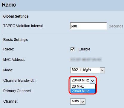 Etapa 2. Escolha a largura de banda de canal para o rádio da lista de drop-down da largura de banda de canal.