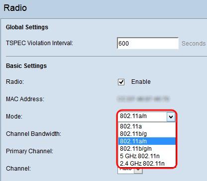 Etapa 1. Escolha o modo de rádio desejado da lista de drop-down do modo. Os seguintes seis modos estão disponíveis no WAP321: 802.11a Somente os clientes suportados 802.