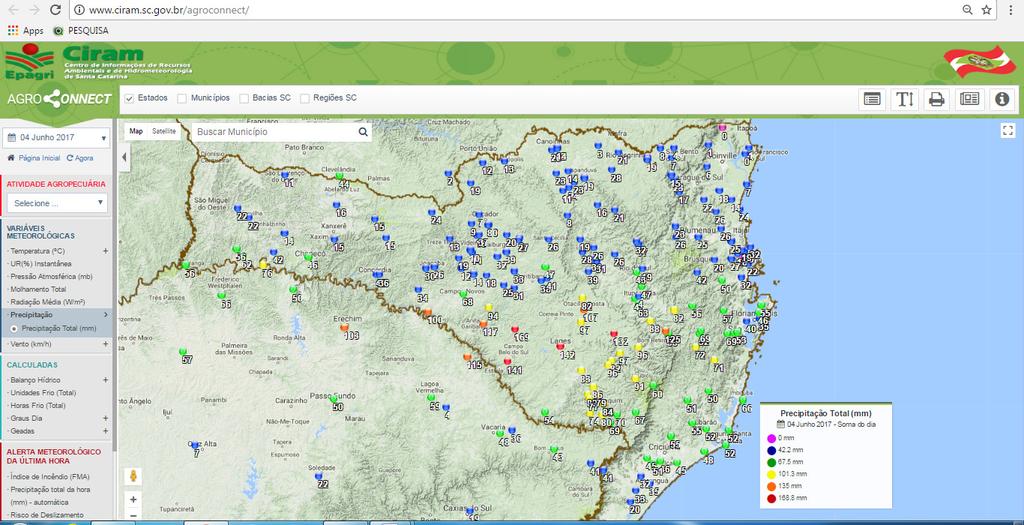 Figura 1 Rede de estações automáticas telemétricas distribuição dos pontos de monitoramento de chuva no estado de Santa Catarina. Fonte: www.ciram.sc.gov.