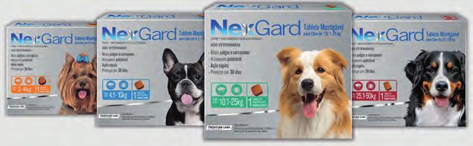 Ectoparasiticidas NexGard (afoxolaner) Uso em cães; Tablete mastigável e palatável sabor carne (administração via oral); Tratamento e controle de infestações por pulgas e carrapatos; Uso indicado a