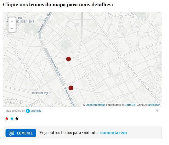 Por último, encontramos um mapa com os locais onde aconteceram os ataques, que aproximam e nomeiam clicando nos pontos azuis e vermelhos.