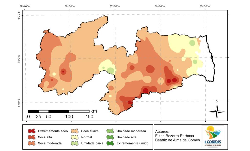 Figura 1 Distribuição espacial da anomalia de chuvas no semiárido paraibano Fonte: Autores Nesta perspectiva, tem-se que 28,56% do semiárido paraibano foi acometido por seca suave, 54,35% por seca