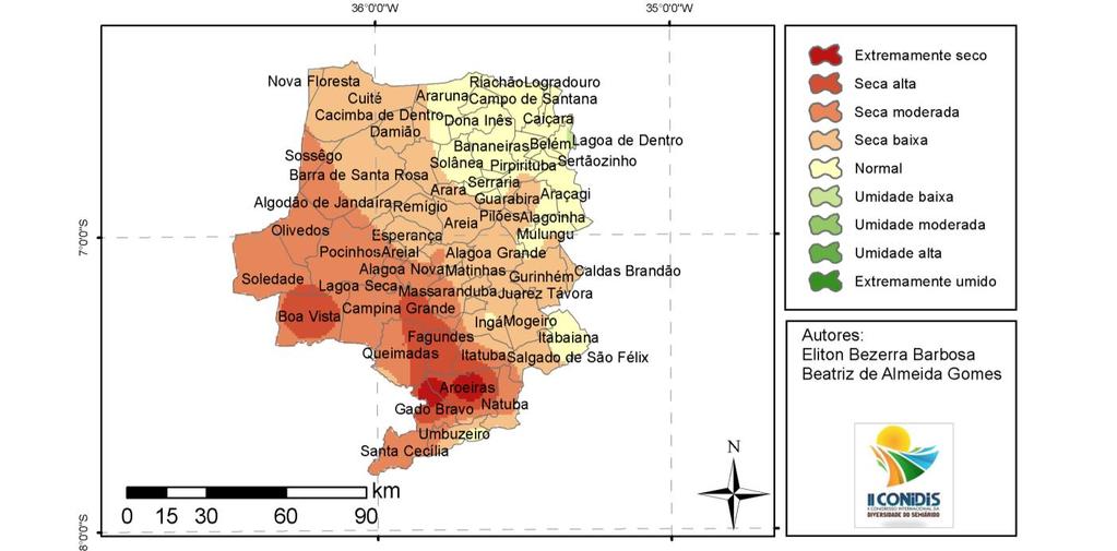 Figura 3 Distribuição espacial da anomalia de chuvas na mesorregião Agreste Fonte: Autores O mesmo resultado vale para o polígono das secas, na mesorregião Borborema, região característica de alta