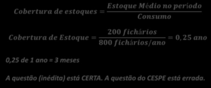 unidades/ano e um estoque médio de 200 unidades, é de 0,25 vez/ano.