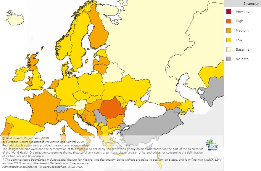 Situação internacional: Europa Figura 15 Intensidade da atividade gripal na Europa, semana 3/219.