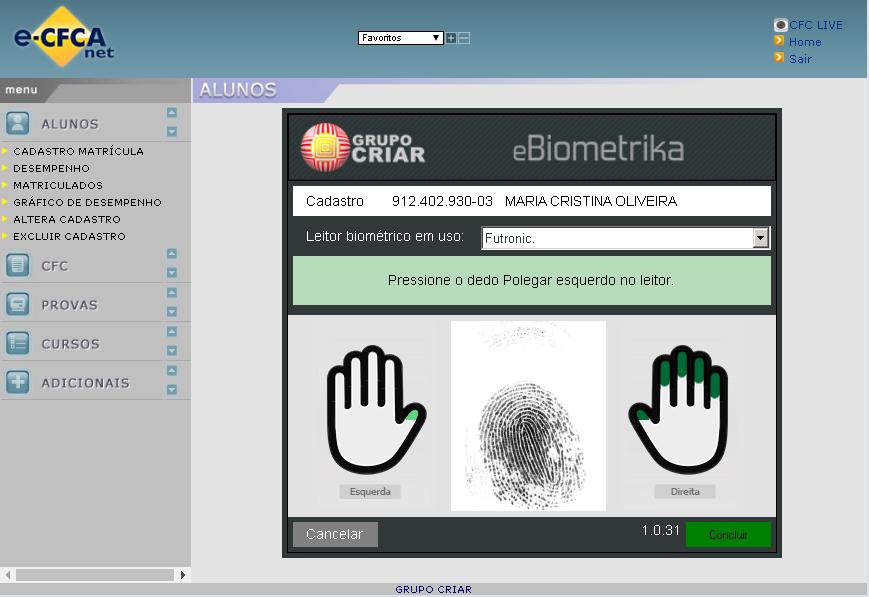 Figura 5 - Coleta da biometria Será feita a verificação da imagem dactiloscópica de 05 dedos do CONDUTOR. Isto é importante caso haja problemas de conexão durante a prova.