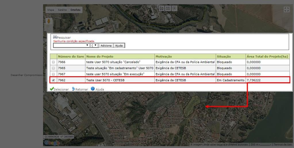 e Adequação Ambiental de imóveis rurais 19 Figura 19 Selecionando um projeto do SARE para importação das áreas no Mapa do compromisso TCRA Figura 20 Após seleção do Projeto do SARE as