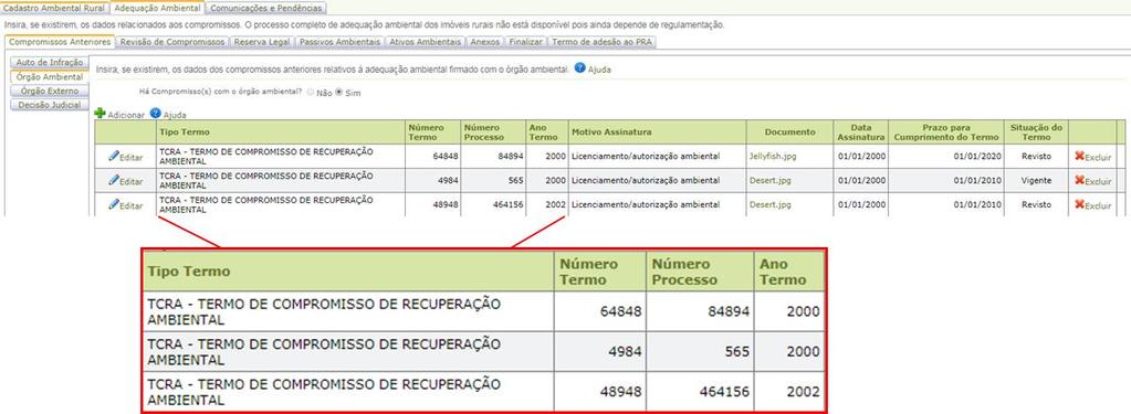 e Adequação Ambiental de imóveis rurais 22 Figura 25 Tabela contendo TCRA após seu cadastramento Atenção!