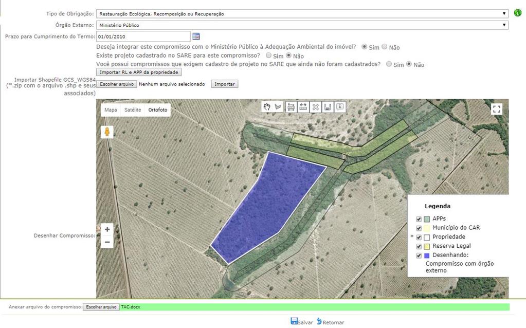 Figura 32 Possibilidade de importar áreas de APP e RL declaradas no Mapa do CAR para facilitar cadastro de compromissos nessas áreas Figura 33 Área de RL sem vegetação nativa importada do Mapa do CAR