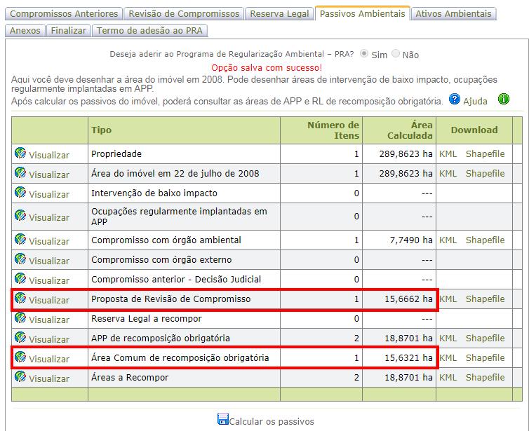 Tabela do Mapa de Passivos Ambientais logo após o deferimento da proposta de revisão do